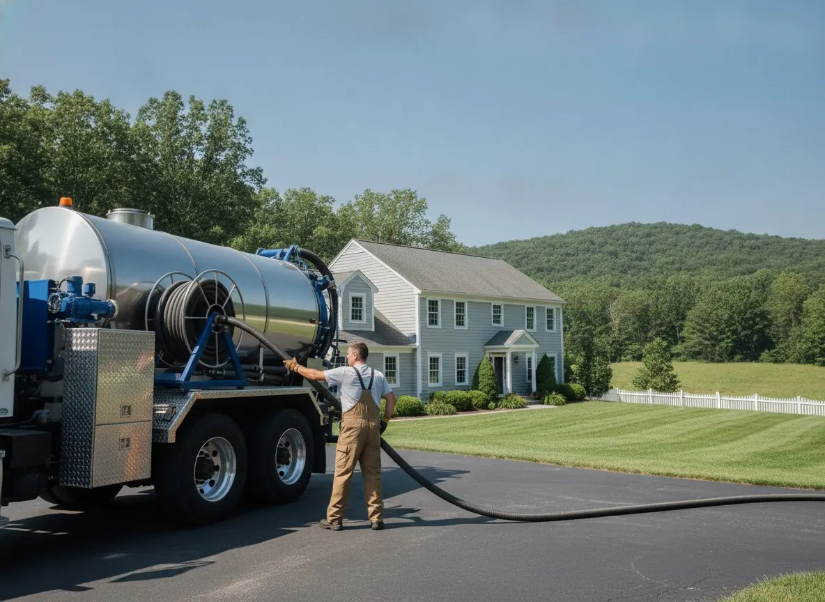 Technician measuring sludge depth in a septic tank with a graduated probe